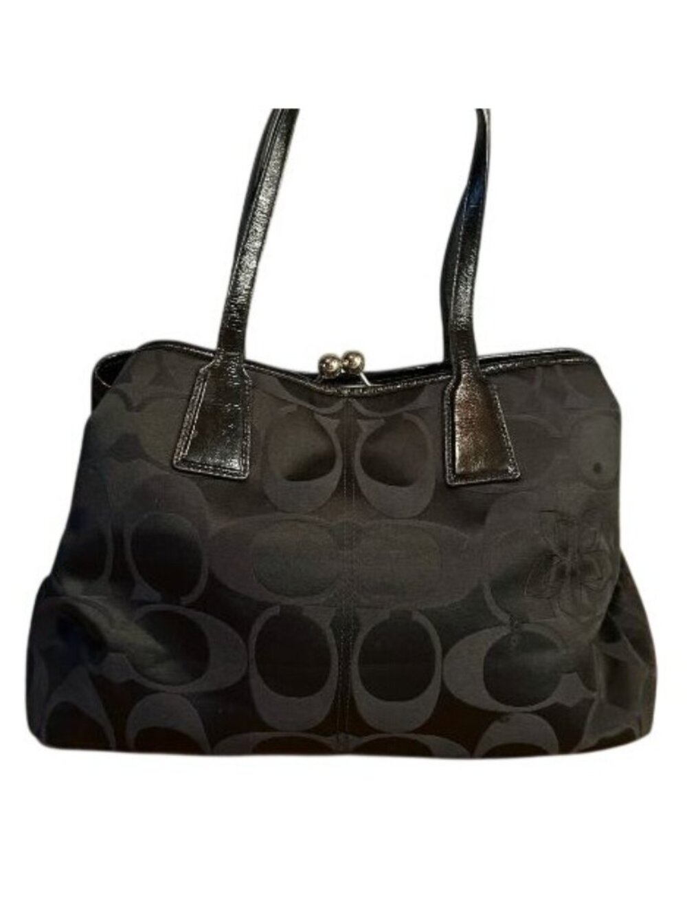 Coach 2011 black canvas & leather floral applique framed kisslock satchel tote - Picture 2 of 9